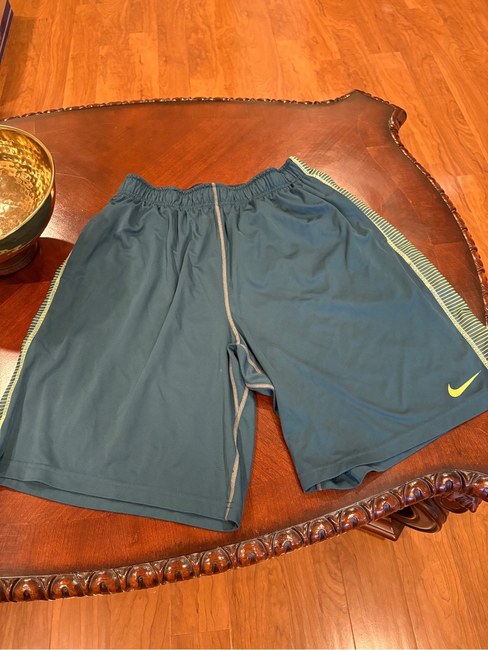 Nike Men's Teal Athletic Shorts with Lime Swoosh
